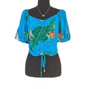 SO ~ Cropped Tropical Print Vibrant Multicolor Puff Short Sleeve Top size L